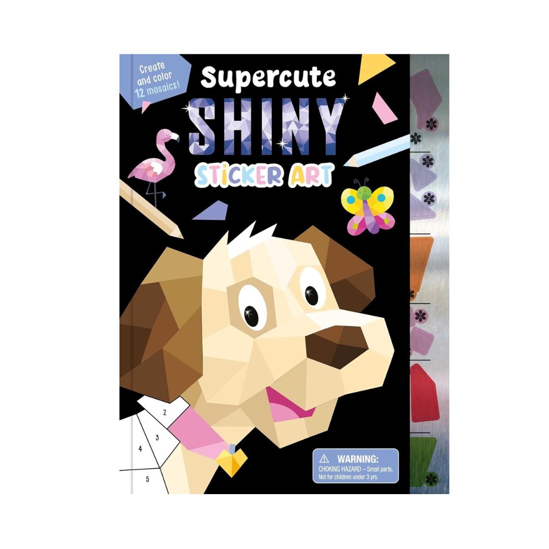 Supercute Shiny Sticker Art book showing mosaic templates, colorful stickers, and shiny holographic accents.
